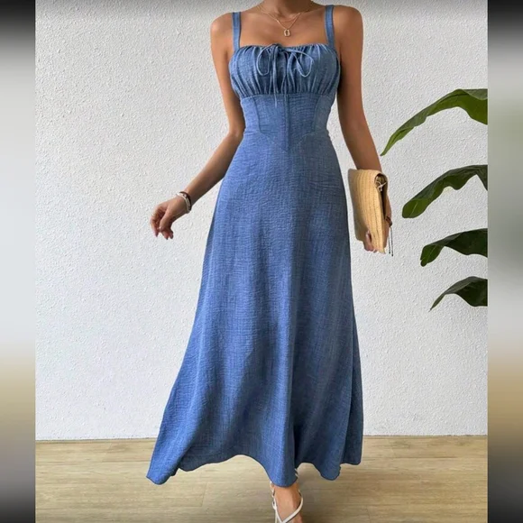 Pleated Bust Tie Strap Cami Dress Maxi Vacation Beach Outfits Women - Picture 4 of 5